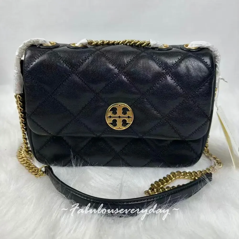 Tory Burch WILLA Small Shoulder Bag In Leather/Gold/Black 148243 NWT